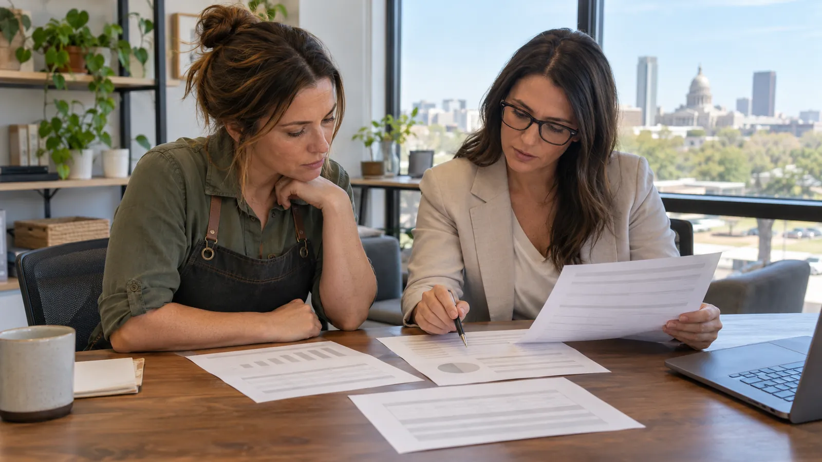 A business owner and her accountant reviewing printed statements at a wooden table inside a small professional office with large windows
