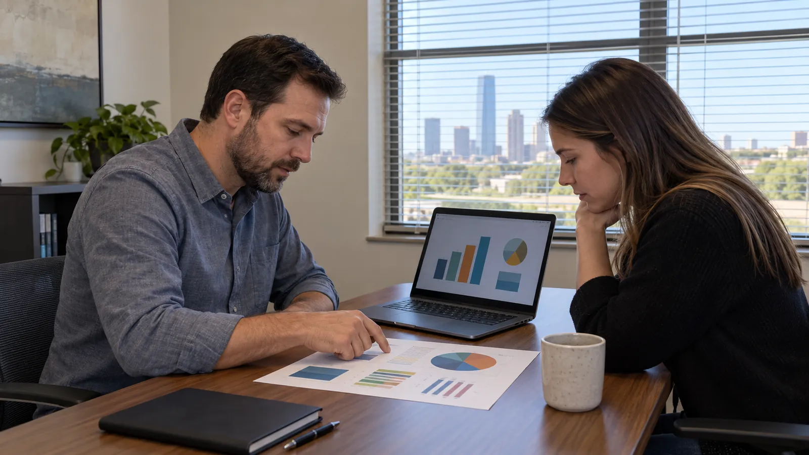Two people at a small office conference table going over a printed business plan and a laptop, ordinary office with blinds half open