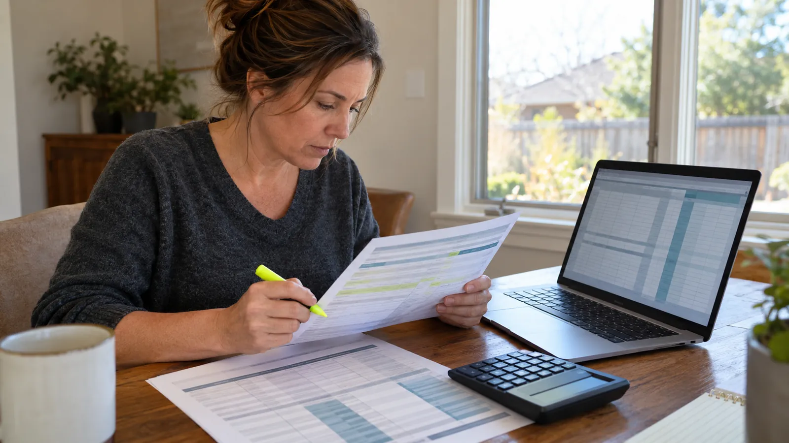 A woman in her forties at a desk comparing a printed profit and loss statement with a laptop spreadsheet, a calculator and a highlighter beside her