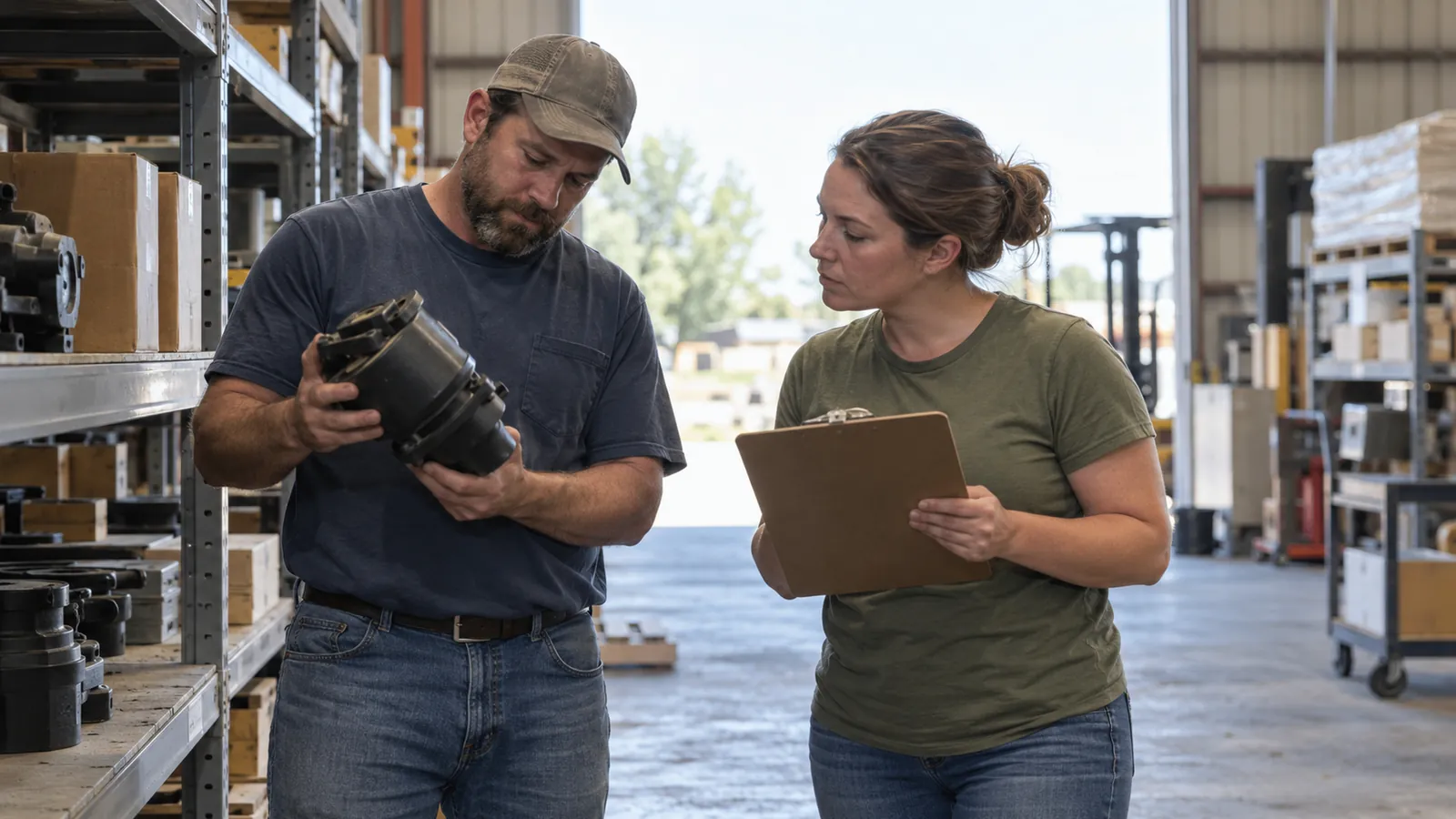 A shop owner with a clipboard counting equipment and inventory on metal warehouse shelves while a coworker reads off serial numbers