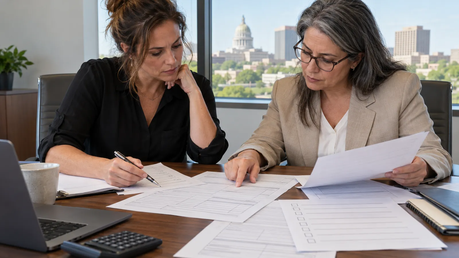 A business owner and her accountant at a conference table reviewing state tax returns and a closing checklist, papers spread out