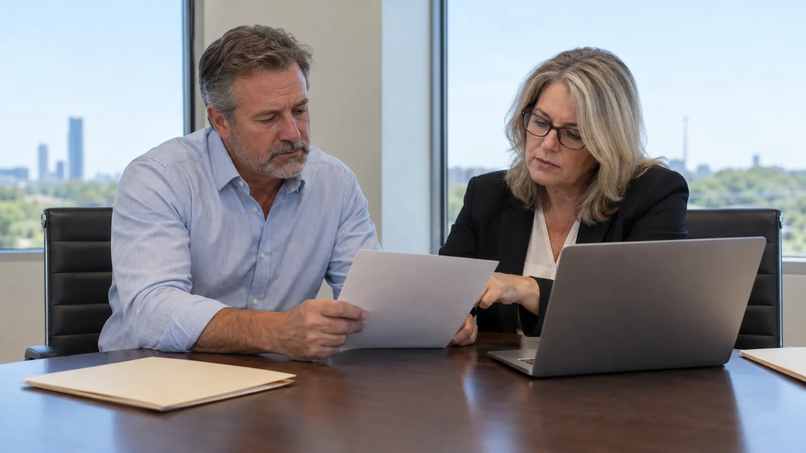 Two business owners at a conference table reviewing a printed purchase agreement, a laptop and folders beside them in a plain office