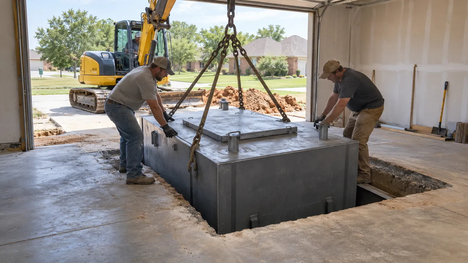 Two installers in work clothes lowering a steel storm shelter into a freshly dug hole in a suburban garage with a small excavator outside